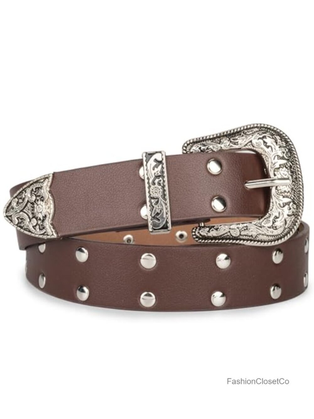 Women PU Leather Engraved Buckle Rivet Western Cowboy Belt
